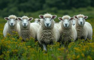 ai gerado ovelha em pé dentro linha e olhando às a Câmera foto