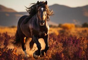 ai gerado Preto cavalo corre galope em a lindo laranja flores campo foto