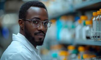 ai gerado retrato do bonito jovem cientista dentro branco casaco e óculos. foto