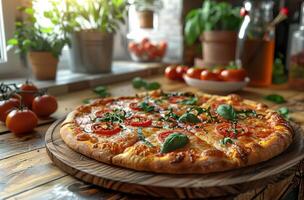 ai gerado caseiro pizza em de madeira borda em mesa dentro cozinha foto