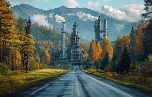 ai gerado montanha estrada e óleo refinaria dentro a floresta foto