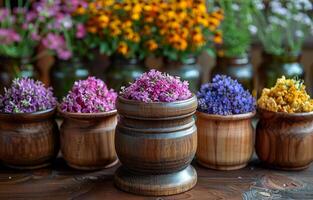 ai gerado diferente tipos do seco flores dentro de madeira vasos em a mesa foto