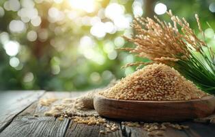 ai gerado dourado arroz arroz em de madeira mesa com a manhã Sol foto