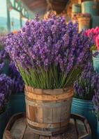 ai gerado lavanda flores dentro de madeira cesta foto