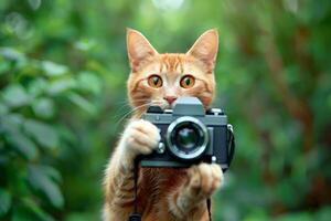 ai gerado retrato do uma gato segurando uma foto Câmera