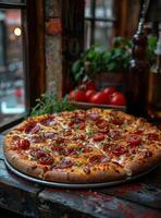 ai gerado delicioso pizza com tomates e queijo foto