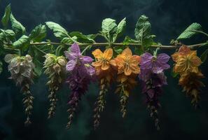 ai gerado ramo do floração manjericão com colorida flores e folhas em Sombrio fundo foto