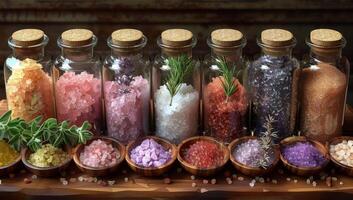 ai gerado diferente tipo do sal dentro a vidro garrafas com ervas e especiarias foto