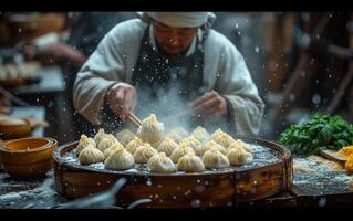ai gerado homem é preparando dumplings dentro a neve foto