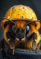 ai gerado abelha vestindo amarelo construção capacete foto