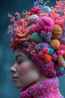 ai gerado retrato do menina com guirlanda do tricotado flores em dela cabeça. foto