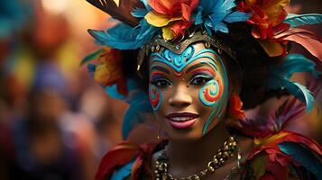 ai gerado a festivo tradições do carnaval com uma parada e vibrante fantasias foto