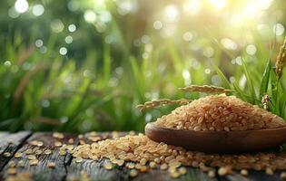 ai gerado Castanho arroz dentro de madeira tigela e arroz plantar em de madeira mesa com a arroz campo fundo foto