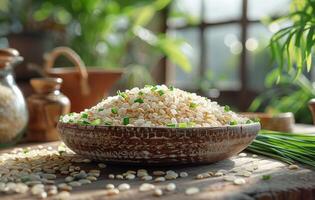 ai gerado Castanho arroz dentro tigela e verde cebolas em de madeira mesa foto