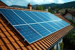 ai gerado solar painéis em teto. fotovoltaico sistema em a cobertura foto