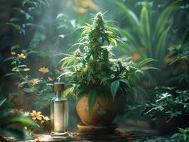 ai gerado cannabis óleo dentro garrafa dentro lindo vaso de flores foto