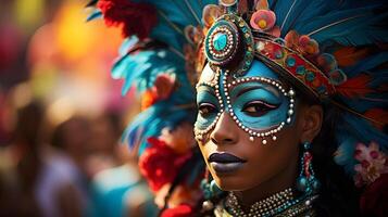 ai gerado a festivo tradições do carnaval com uma parada e vibrante fantasias foto