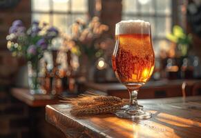 ai gerado vidro do frio luz Cerveja com trigo em a de madeira Barra contador dentro bar foto