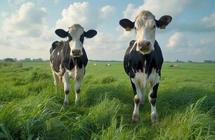 ai gerado dois vacas em pé dentro verde campo foto