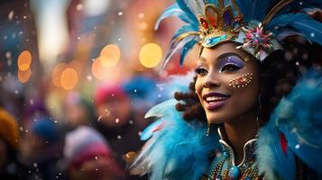 ai gerado a festivo tradições do carnaval com uma parada e vibrante fantasias foto