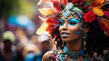 ai gerado a festivo tradições do carnaval com uma parada e vibrante fantasias foto