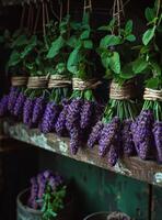 ai gerado lavanda cachos e flores em a de madeira prateleiras foto