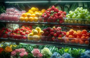 ai gerado fresco frutas e legumes dentro supermercado foto