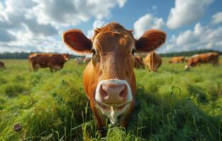 ai gerado curioso jovem jérsei vaca olhando às a Câmera enquanto pastar dentro fresco verde pasto em ensolarado dia foto