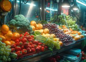 ai gerado fresco frutas e legumes às mercado foto