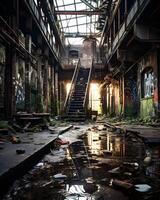 ai gerado capturando a assustador beleza do abandonado industrial espaços foto
