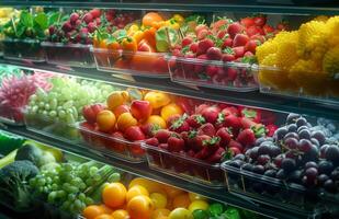 ai gerado fresco frutas e legumes dentro supermercado foto