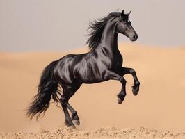 ai gerado Preto cavalo saltos em areia dentro a deserto foto