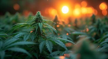 ai gerado cannabis plantar cresce dentro campo às pôr do sol foto