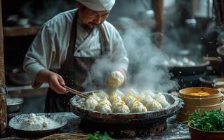 ai gerado chefe de cozinha fazer dumplings dentro restaurante foto