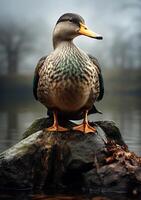 ai gerado Pato senta em Rocha dentro lagoa em nebuloso dia foto