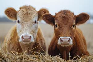 ai gerado dois jovem vacas estão sentado em palheiro dentro campo foto