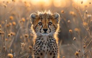 ai gerado guepardo filhote em pé dentro a Alto Relva olhando às Câmera. foto