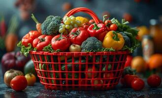 ai gerado fresco orgânico legumes dentro compras cesta foto