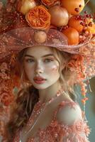 ai gerado retrato do lindo jovem mulher dentro chapéu com flores e frutas foto