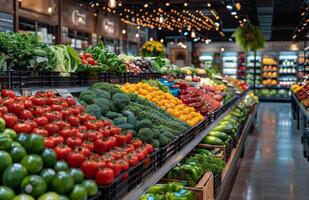 ai gerado mercearia loja produzir corredor com ampla seleção do fresco frutas e legumes foto