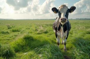 ai gerado vaca em pé dentro verde campo foto