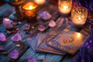 ai gerado cristais, velas e de outros adivinhação Ferramentas Próximo para a tarot cartões. generativo ai foto