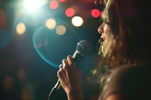ai gerado fêmea cantor cantando para dentro uma microfone. colorida bokeh luzes em fundo. generativo ai foto