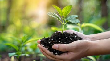 ai gerado humano Palmeiras aguarde solo com uma verde pequeno plantar Como uma conceito para o negócio desenvolvimento. ai gerado foto