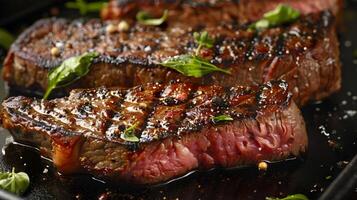 ai gerado fresco suculento delicioso carne bife em uma Sombrio fundo. ai gerado foto