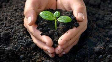 ai gerado humano Palmeiras aguarde solo com uma verde pequeno plantar Como uma conceito para o negócio desenvolvimento. ai gerado foto