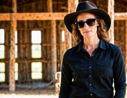 ai gerado foto do lindo mulher Como uma profissional agente vestindo Preto grandes manga camisa e tático calça e vaqueiro chapéu om rancho, generativo ai