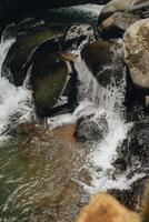 refrescante curug sentul Claro rio fluindo a partir de cachoeira, cercado de florestas, ideal para natureza amantes foto