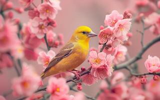 ai gerado em uma ramo decorado com Rosa Primavera flores, uma tentilhão descansos suavemente foto