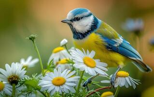 ai gerado azul tit em repouso no meio branco margaridas foto